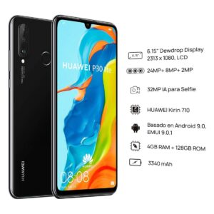 Huawei P30 Lite,128GB, 4GB RAM, Pantalla de 6.15″, cámara triple AI, selfie de 32 MP, Dual SIM Global 4G LTE GSM desbloqueado de fábrica MAR-LX3A