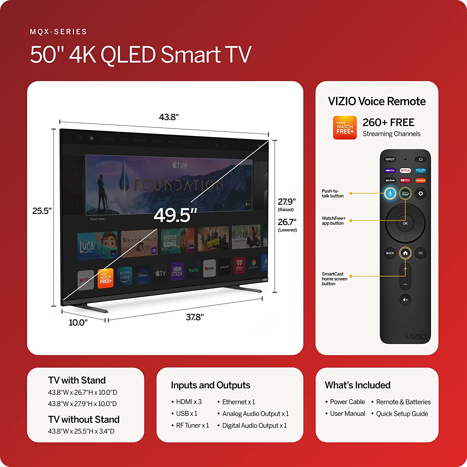 VIZIO Smart TV de 50 pulgadas serie MQX 4K 120Hz QLED HDR10+  con Dolby Vision, Active Full Array, 240Hz @ 1080p PC Gaming, WiFi 6E,  Apple AirPlay, Chromecast integrado, M50QXM-K01, modelo